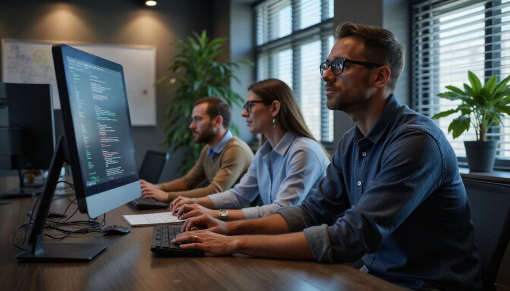 Cybersecurity analysts collaborating at a table while reviewing live threat dashboards.