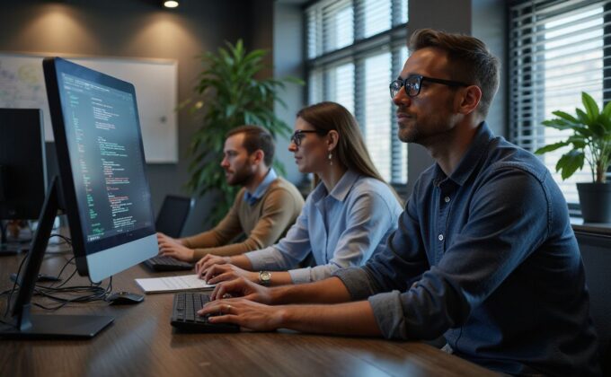 Cybersecurity analysts collaborating at a table while reviewing live threat dashboards.