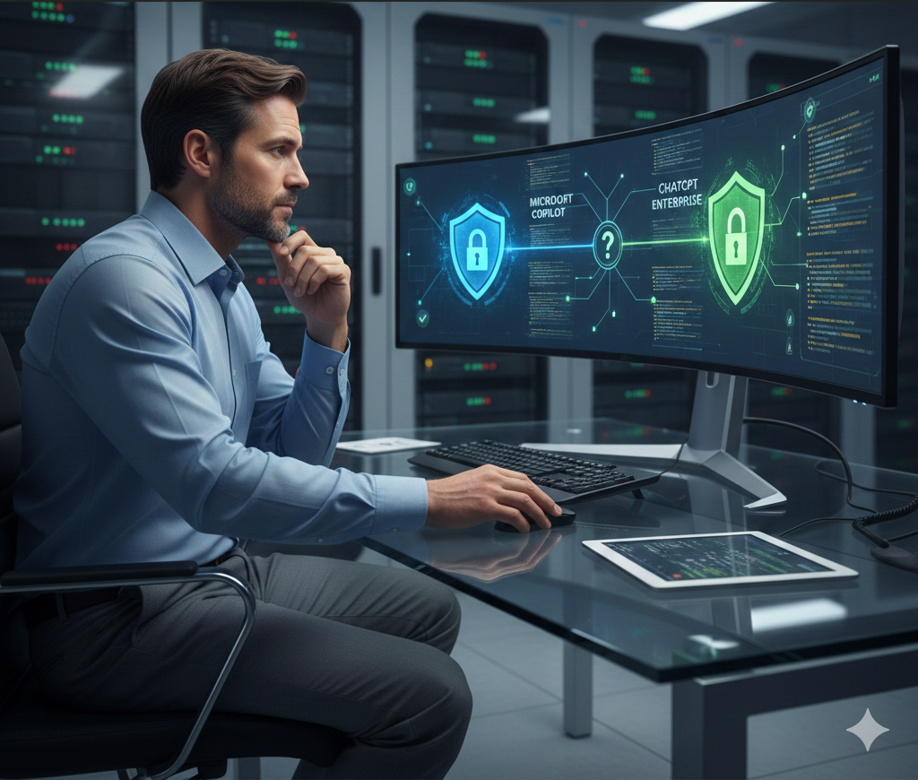 IT Administrator sat at a desk looking at a computer screen