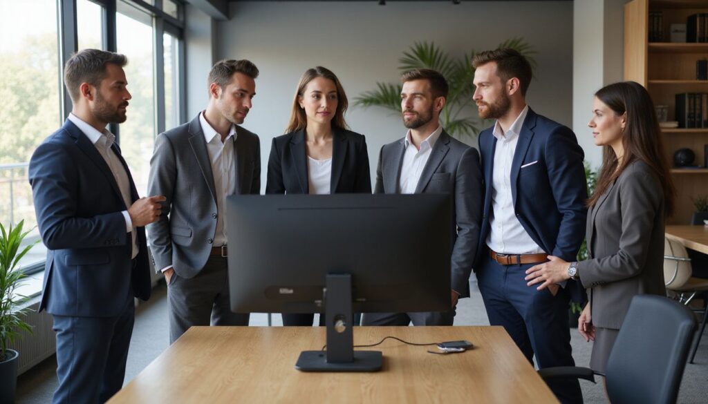A group of professionals standing in front of a computer screen on a desk