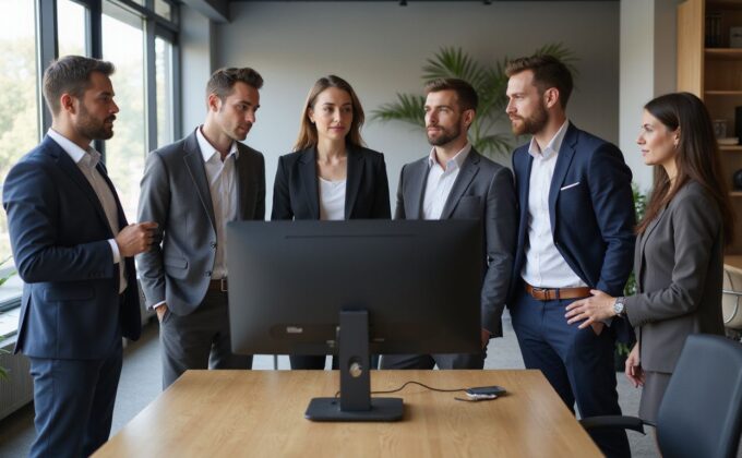 A group of professionals standing in front of a computer screen on a desk