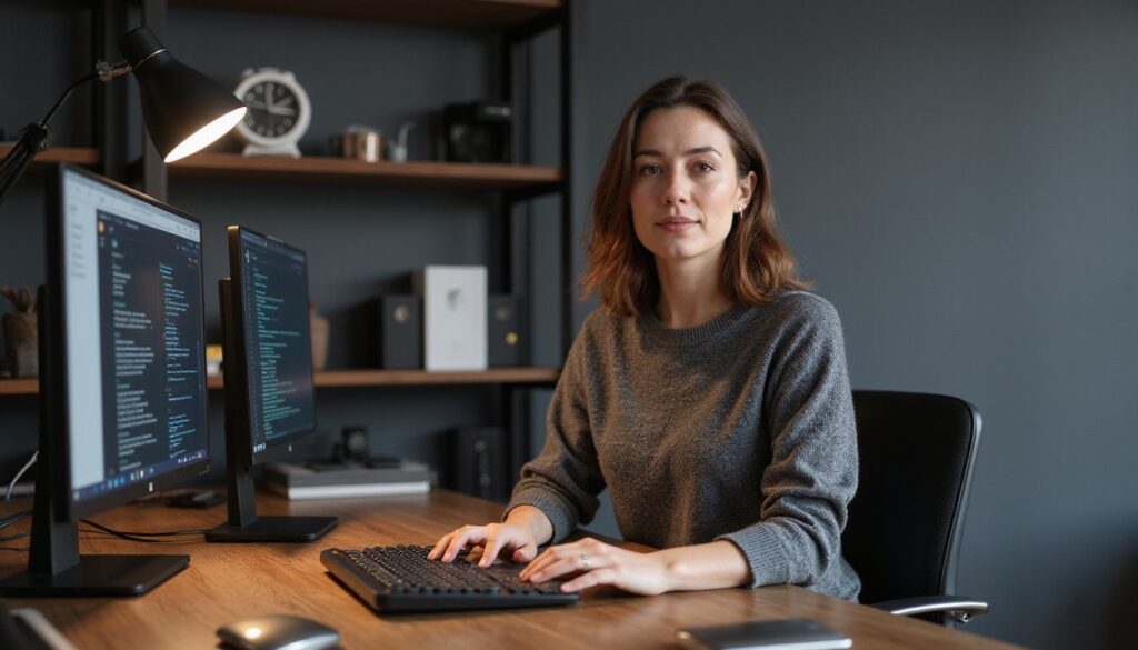 A focused young woman engages with multiple AI platforms at her desk.