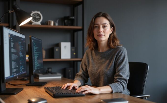 A focused young woman engages with multiple AI platforms at her desk.
